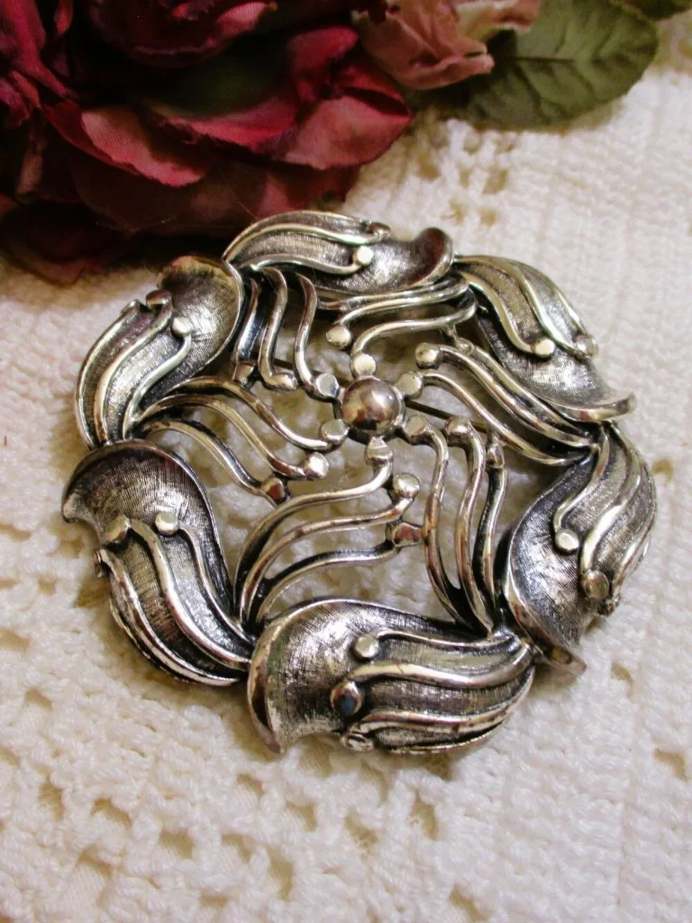 Large TORTOLANI Swirl Statement Brooch: Sterling Silver Over Pewter ~ Vintage